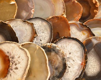 May include: A selection of agate slices in shades of brown, beige, and white. The natural stone slices display unique patterns and textures, with concentric rings and crystal formations. These decorative pieces are suitable for home decor.
