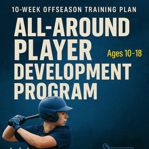 Może przedstawiać: Granatowa grafika z tekstem „ALL-AROUND PLAYER DEVELOPMENT PROGRAM” i „Ages 10-18”. Baseballista w niebieskim kasku i mundurze trzyma kij. Program obejmuje kalendarze rzutów, treningi, ćwiczenia i obwody.