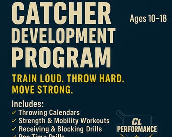 May include: A navy blue graphic promoting a 10-week offseason training plan for catchers aged 10-18. The text reads "Catcher Development Program." The program includes throwing calendars, strength and mobility workouts, receiving and blocking drills, and pop time drills.