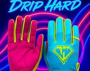 May include: Baseball gloves in bright colours. One glove is pink with yellow accents, the other is blue with yellow accents and a diamond logo. The text "PLAY LOUD. DRIP HARD" and "DIAMOND DRIP" are displayed.