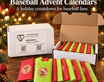 May include: A white cardboard box containing red and green wrapped items, with a label reading Diamond Drip Baseball Advent Calendars. Additional red and green wrapped items are arranged in front, featuring circular stickers with numbers.