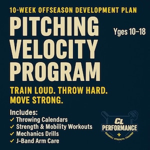 Op de afbeelding: Een marineblauwe afbeelding met de tekst "10-WEEK OFFSEASON DEVELOPMENT PLAN PITCHING VELOCITY PROGRAM." De tekst "TRAIN LOUD. THROW HARD. MOVE STRONG." is ook opgenomen. De afbeelding bevat "Throwing Calendars", "Strength & Mobility Workouts", "Mechanics Drills" en "J-Band Arm Care."
