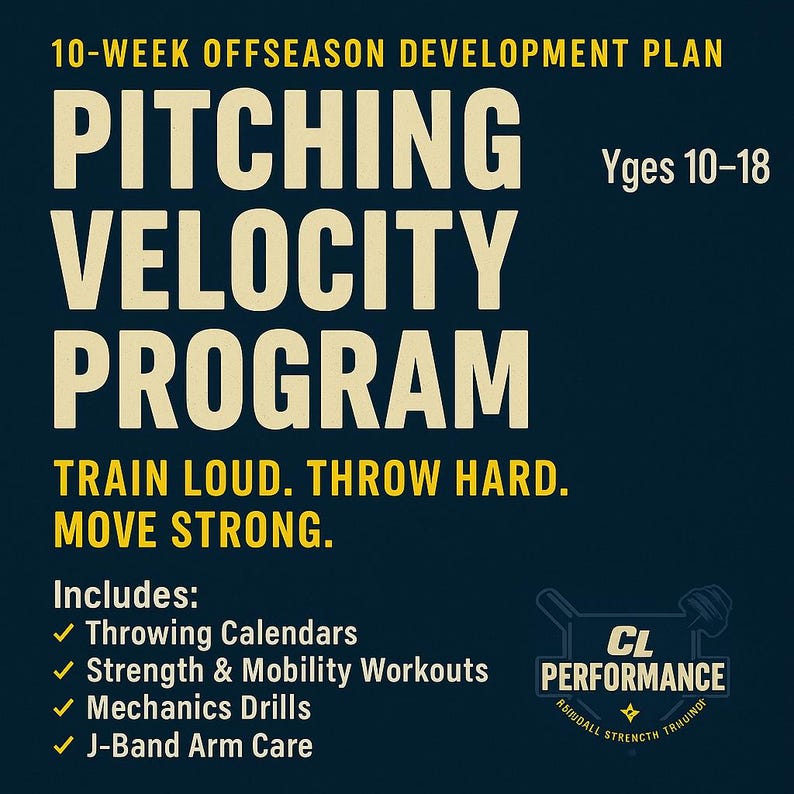 May include: A navy blue graphic with the text "10-WEEK OFFSEASON DEVELOPMENT PLAN PITCHING VELOCITY PROGRAM." The text "TRAIN LOUD. THROW HARD. MOVE STRONG." is also included. The graphic lists "Throwing Calendars," "Strength & Mobility Workouts," "Mechanics Drills," and "J-Band Arm Care."
