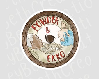 May include: Circular sticker featuring two stylized characters, one with white hair and the other with blue hair, set against a steampunk-inspired background of gears and a dark brown border. The words "POWDER & EKKO" are written in red.