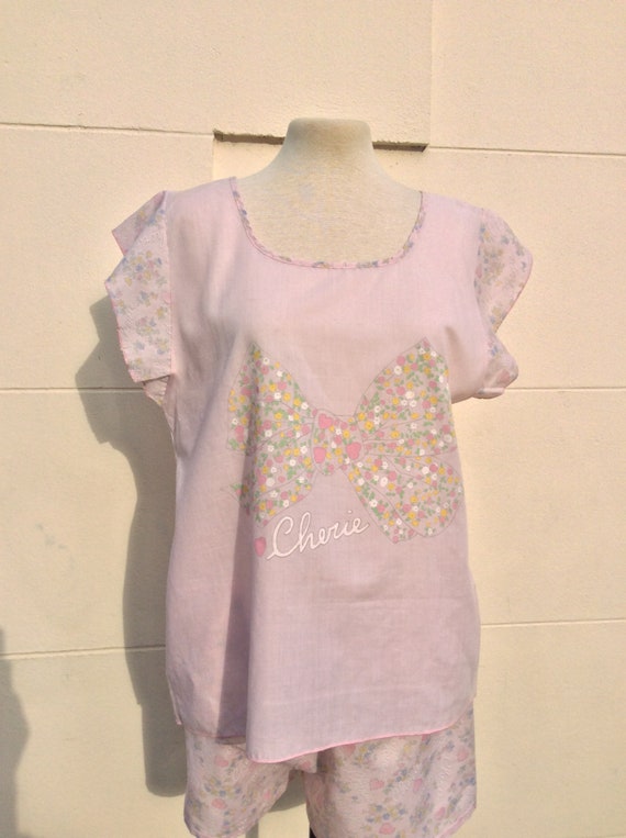 harajuku lolita shorts and top set vintage pink with bow motif 80s cotton pyjamas