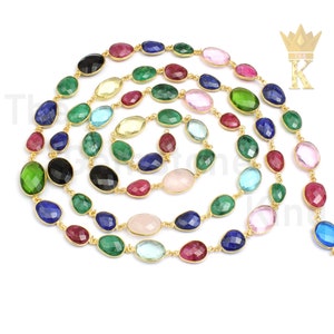 Gold Plated Multi Gemstone Bezel Connector Chain - Oval Faceted Beads