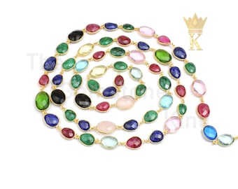 Gold Plated Multi Gemstone Bezel Connector Chain - Oval Faceted Beads