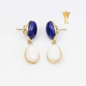 Lapis Lazuli & Pearl Drop Earrings: Gold Plated Brass, Handmade