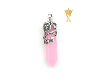 Roze chalcedoon-potloodhanger, bloemdessin van geoxideerd messing