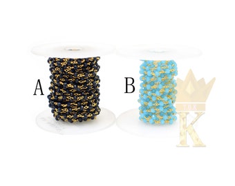 5 voet blauwe saffier/chalcedoon kralen rozenkrans ketting: vergulde ketting
