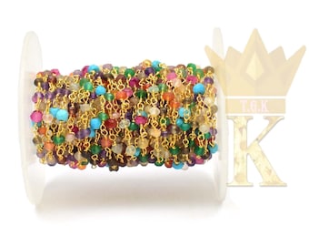 5 Foot Gold Plated Multi Gemstone Beads Chain: Wire Wrapped Necklace Bracelet