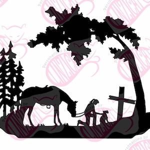 Cowgirl Praying at Cross with Horse and Dog SVG PNG for Vinyl and Sublimation