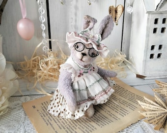 Handmade Teddy Bunny Girl, Collectible Viscose Hare Doll in Dress, Removable Clothes Art Toy, OOAK Vintage Style Plush Rabbit Gift