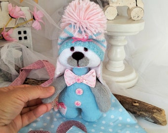Plush Pocket Bunny with Knitted Hat: Victorian Style Textile Toy