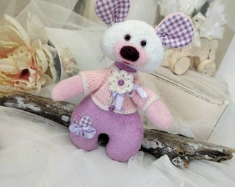 Pocket Teddy Bear Plush: Handmade Jointed Miniature in Pink Sweater