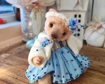 Artist Teddy Bear in Blue Dress - OOAK Dollhouse Decor, Gift for Collector