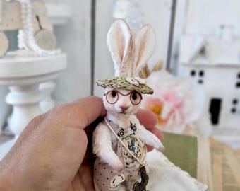 Rabbit with Glasses and Hat Whimsical Rustic Hare Figurine for Collectors Teddy Mini Toy