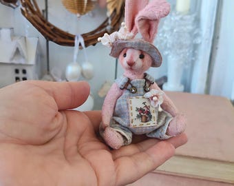 Handmade Pink Teddy Bunny in Cotton Overalls, Collectible Art Rabbit