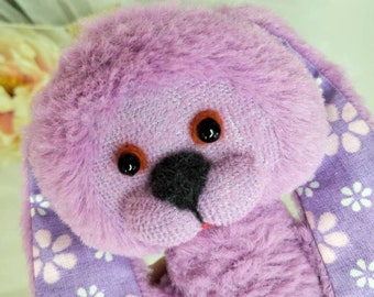 Handmade Plush Bunny Doll: Lilac Collectible Rabbit, Knitted Scarf