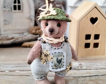 OOAK Miniature Teddy Bear – Rustic Farmhouse Collectible, Handmade Country Soft Sculpture