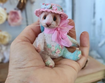 Artist Teddy Bunny OOAK, Miniature 3.5" Vintage Style Rabbit with Embroidery
