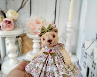 OOAK Teddy Bear Figurine: Collectible Lady Bear in Removable Dress