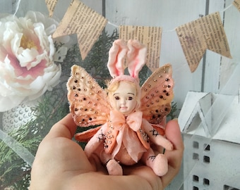 Teddy Rabbit Doll: Handmade Flannel Hare Figurine with Butterfly Wings