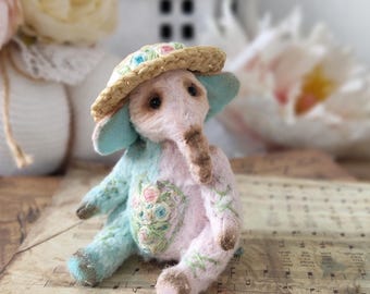 Collectible Miniature Elephant Hand Embroidered Roses Crocheted Straw Hat Pastel Pink Bright Teal Blue Shabby Chic Dollhouse Companion OOAK