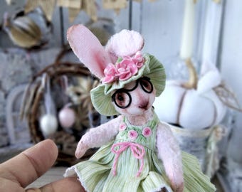 Shy Bunny Rabbit Miniature – OOAK Artist Collectible Teddy Rabbit with Glasses