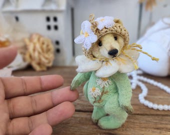 Miniature Daisy Teddy Bear, Artist Collectible Jointed Bear, Hand Embroidered  Artist Bear.