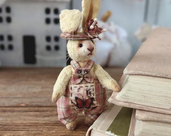 Miniature Artist Bunny Teddy, Collectible OOAK Rabbit with Clothes
