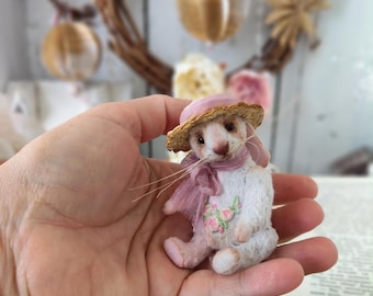 OOAK Miniature Bunny in Straw Hat, Vintage Style Teddy Rabbit
