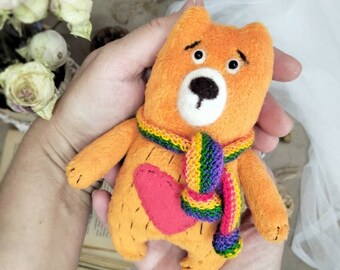 Plush Bisexual Pride Bear: Miniature Art Doll with Crochet Rainbow Scarf