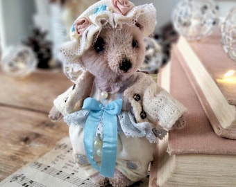Miniature Mohair Teddy Bear in Lace Bonnet – Handmade Collectible Artist Doll