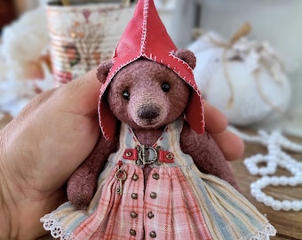 Collectible Artist Teddy Bear in Red Bonnet & Dress, OOAK Vintage Style Plush Gift