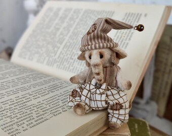 Collectible Miniature Elephant Vintage Beige Country Style Plaid Dungarees Knit Nightcap OOAK Pocket Teddy Art Toy Dollhouse Decor Gift