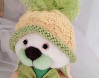 Handmade Plush Bunny Figurine, Knitted Hat, Pocket Toy