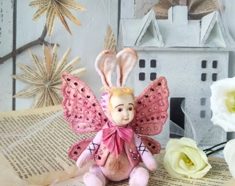 Artist Teddy Bunny Doll: Flannel Hare Figurine with Butterfly Wings
