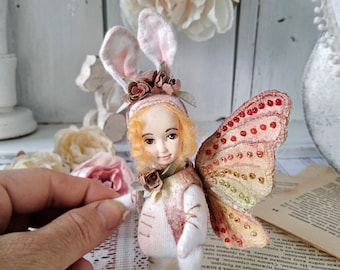 Miniature Teddy Doll Bunny with Butterfly Wings, OOAK Art Doll