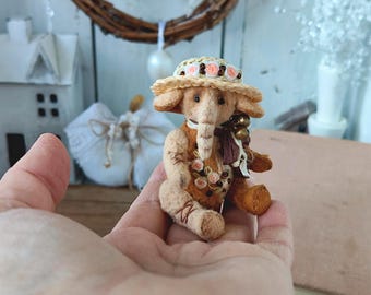 Handmade Miniature Teddy Elephant – Viscose Plush, Embroidered Roses