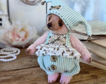 Collectible Artist Teddy Bear Pink Schulte Mohair Miniature Jester Hat Mint Green Outfit Dragonfly Motif OOAK Art Doll Gift