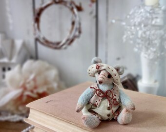 OOAK Miniature Teddy Rat for Blythe Doll, Artist Plush Mouse Dollhouse Animal, Handcrafted Collectible Pocket Toy in Removable Clothes
