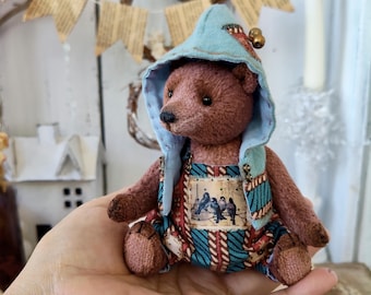 Collectible Artist Teddy Bear Miniature OOAK Vintage Style Animal Blue Hood Overalls Removable Clothes Artisan Keepsake Adult Gift