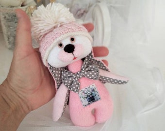 Pink Plush Rabbit Toy: Hand-Knitted Hat, Mini Bunny Gift