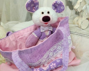 Lilac Bear Plush Doll: Handmade Teddy Bear Toy with Knitted Cap
