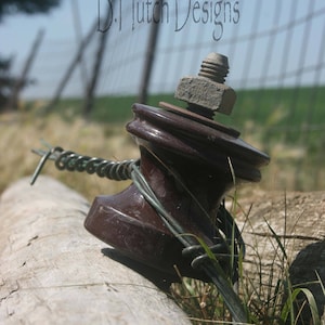 May include: A brown ceramic insulator with a metal nut and bolt on top. The insulator is resting on a wooden log and is surrounded by green grass.