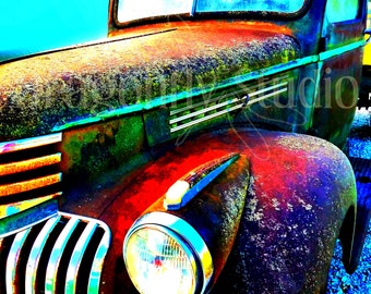 Vintage Chevy Truck-fotografie, kleurrijke autokunst (digitale download)