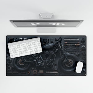 Tappetino per mouse XXL personalizzato per parte di motocicletta, regali per gli amanti della moto, illustrazione di bici, ritratto di bici, tappetino per tastiera esteso per regalo di compleanno