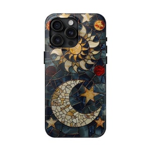 Étui pour téléphone soleil lune et étoiles faux vitrail, idée cadeau céleste pour son anniversaire, Noël, étui pour iphone, étui pour téléphone Samsung solide