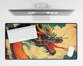 Chinese Dragon Mouse Pad, Fire Breathing Dragon Desk Mats, Large Desk Pad, Dragon Desk Accessory, Gaming Mousepad